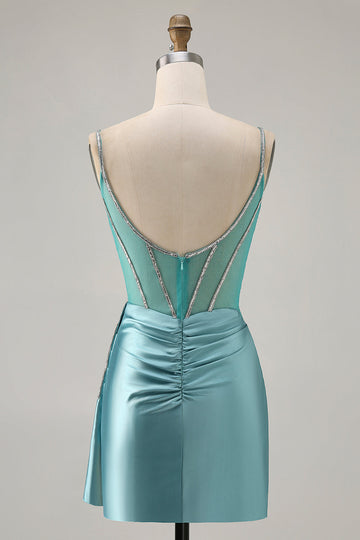 Sparkly Green Satin Bodycon Beaded Short Cocktail Dress with Streamer